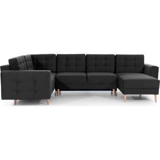 Canapé panoramique convertible - ASMA VELOURS - en tissu de qualité 5 places, gris anthracite, méridienne à droite et angle à ga