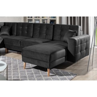 Canapé panoramique convertible - ASMA VELOURS - en tissu de qualité 5 places, gris anthracite, méridienne à droite et angle à ga