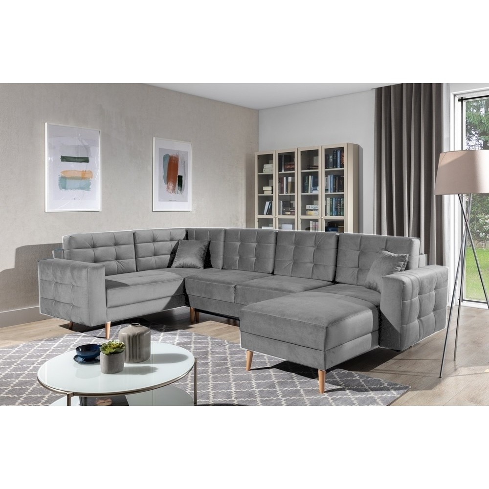 Canapé panoramique convertible - ASMA VELOURS - en tissu de qualité 5 places, gris, méridienne à droite et angle à gauche (vu de Canapé panoramique convertible - ASMA VELOURS - en tissu de qualité 5 places, gris, méridienne à droite et angle à gauche (vu de
