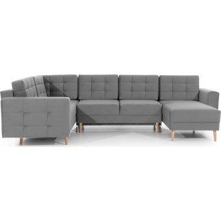 Canapé panoramique convertible - ASMA VELOURS - en tissu de qualité 5 places, gris, méridienne à droite et angle à gauche (vu de