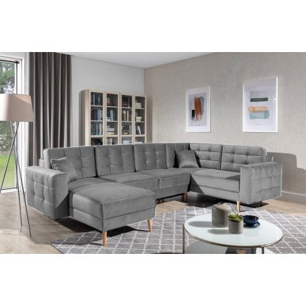 Canapé panoramique convertible - ASMA VELOURS - en tissu de qualité 5 places, gris, méridienne à gauche et angle à droite (vu de