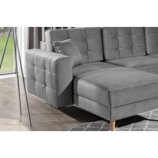 Canapé panoramique convertible - ASMA VELOURS - en tissu de qualité 5 places, gris, méridienne à gauche et angle à droite (vu de