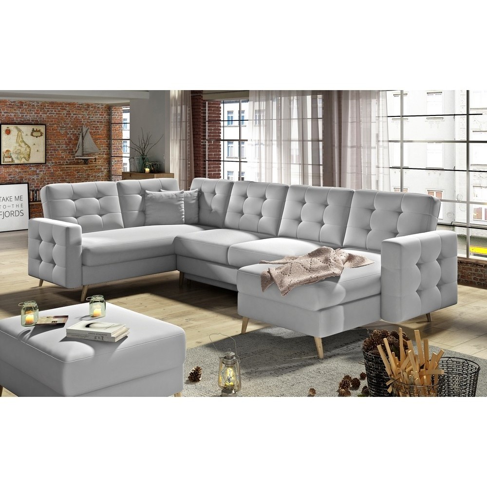 Canapé panoramique convertible - ASMA - en tissu de qualité 7 places, gris, méridienne à droite et angle à gauche (vu de face) Canapé panoramique convertible - ASMA - en tissu de qualité 7 places, gris, méridienne à droite et angle à gauche (vu de face)