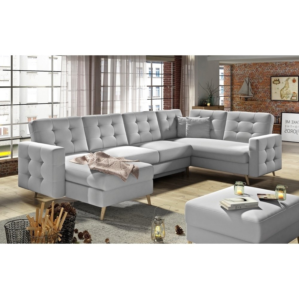 Canapé panoramique convertible - ASMA - en tissu de qualité 7 places, gris, méridienne à gauche et angle à droite (vu de face) Canapé panoramique convertible - ASMA - en tissu de qualité 7 places, gris, méridienne à gauche et angle à droite (vu de face)
