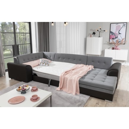Canapé panoramique convertible - DAMIEN VELOURS - en tissu gris de qualité et caisse simili noir, 7 places, gris, méridienne à d