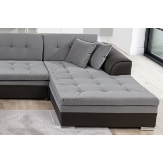 Canapé panoramique convertible - DAMIEN VELOURS - en tissu gris de qualité et caisse simili noir, 7 places, gris, méridienne à d