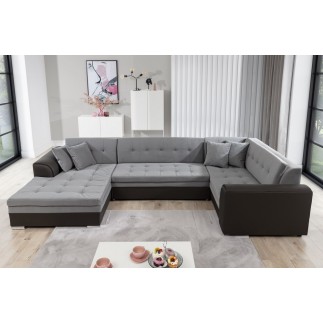 Canapé panoramique convertible - DAMIEN VELOURS - en tissu gris de qualité et caisse simili noir, 7 places, méridienne à gauche