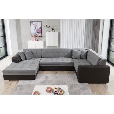 Canapé panoramique convertible - DAMIEN VELOURS - en tissu gris de qualité et caisse simili noir, 7 places, méridienne à gauche
