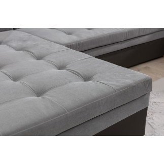Canapé panoramique convertible - DAMIEN VELOURS - en tissu gris de qualité et caisse simili noir, 7 places, méridienne à gauche