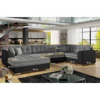 Canapé panoramique convertible - DAMIEN VELOURS - en tissu gris de qualité et caisse simili noir, 7 places, méridienne à gauche