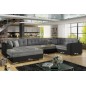 Canapé panoramique convertible - DAMIEN VELOURS - en tissu gris de qualité et caisse simili noir, 7 places, méridienne à gauche Canapé panoramique convertible - DAMIEN VELOURS - en tissu gris de qualité et caisse simili noir, 7 places, méridienne à gauche