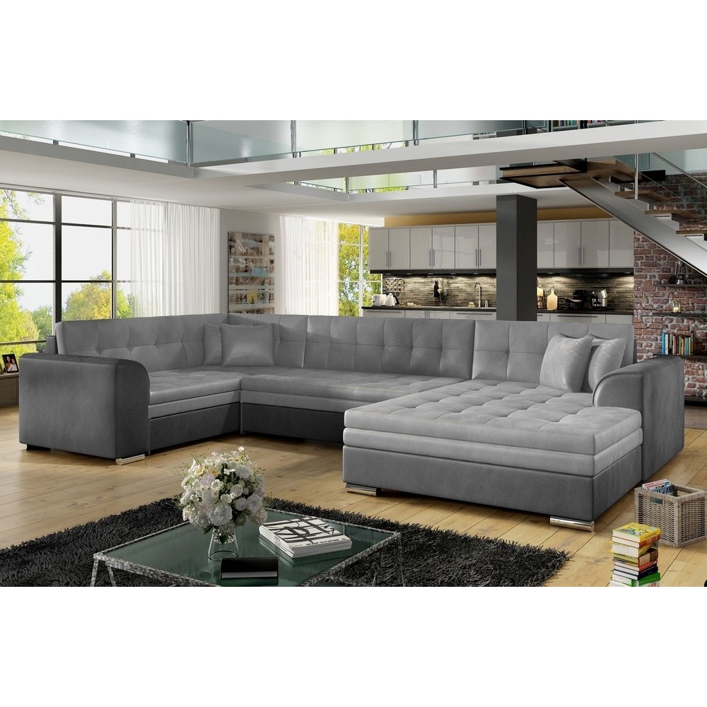 - Canapé panoramique convertible - DAMIEN VELOURS - en velours gris clair gris foncé de qualité, 7 places, gris, méridienne à dr - Canapé panoramique convertible - DAMIEN VELOURS - en velours gris clair gris foncé de qualité, 7 places, gris, méridienne à dr