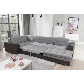 - Canapé panoramique convertible - DAMIEN VELOURS - en velours gris clair gris foncé de qualité, 7 places, gris, méridienne à dr