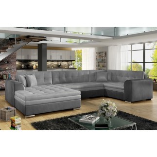 Canapé panoramique convertible - DAMIEN VELOURS - en velours gris clair et gris foncé de qualité, 7 places, méridienne à gauche