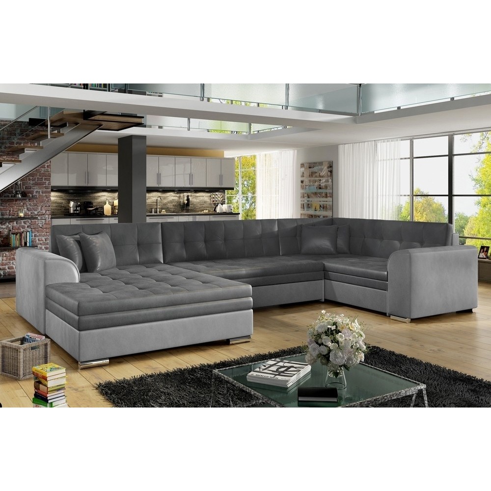 Canapé panoramique convertible - DAMIEN VELOURS - velours gris foncé et gris clair de qualité, 7 places, méridienne à gauche et Canapé panoramique convertible - DAMIEN VELOURS - velours gris foncé et gris clair de qualité, 7 places, méridienne à gauche et