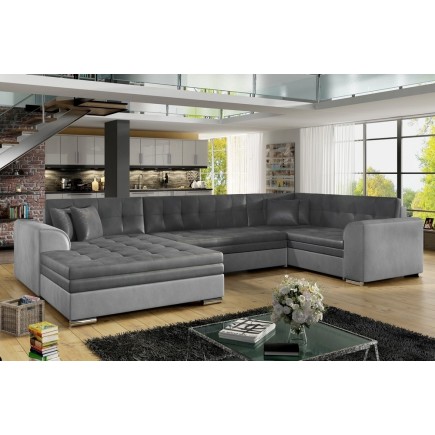 Canapé panoramique convertible - DAMIEN VELOURS - velours gris foncé et gris clair de qualité, 7 places, méridienne à gauche et