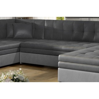 Canapé panoramique convertible - DAMIEN VELOURS - velours gris foncé et gris clair de qualité, 7 places, méridienne à gauche et