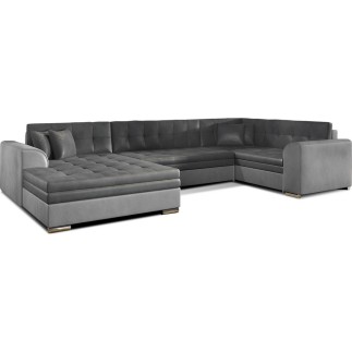 Canapé panoramique convertible - DAMIEN VELOURS - velours gris foncé et gris clair de qualité, 7 places, méridienne à gauche et