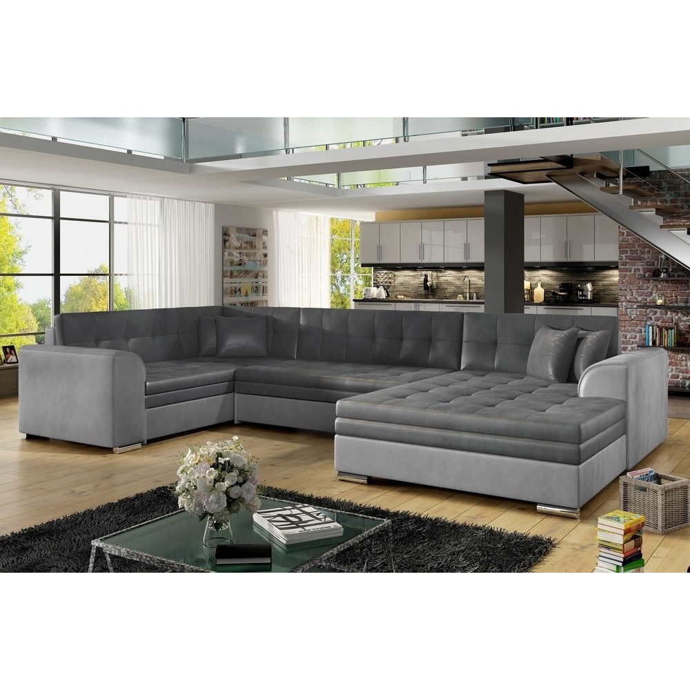 Canapé panoramique convertible - DAMIEN VELOURS - en velours gris foncé et gris clair de qualité, 7 places, méridienne à droite Canapé panoramique convertible - DAMIEN VELOURS - en velours gris foncé et gris clair de qualité, 7 places, méridienne à droite