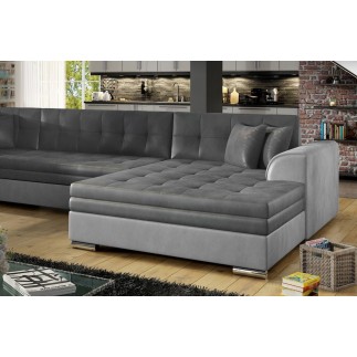 Canapé panoramique convertible - DAMIEN VELOURS - en velours gris foncé et gris clair de qualité, 7 places, méridienne à droite