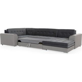 Canapé panoramique convertible - DAMIEN VELOURS - en velours gris foncé et gris clair de qualité, 7 places, méridienne à droite