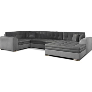 Canapé panoramique convertible - DAMIEN VELOURS - en velours gris foncé et gris clair de qualité, 7 places, méridienne à droite