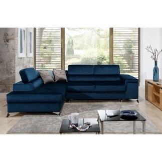 Canapé d'angle convertible - ERWAN - en velours luxe 5 places, bleu foncé, angle gauche (vu de face)