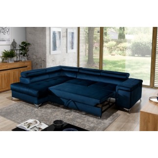 Canapé d'angle convertible - ERWAN - en velours luxe 5 places, bleu foncé, angle gauche (vu de face)