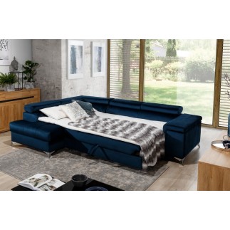 Canapé d'angle convertible - ERWAN - en velours luxe 5 places, bleu foncé, angle gauche (vu de face)