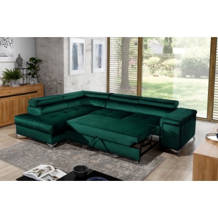 - Canapé d'angle convertible - ERWAN - en velours luxe 5 places, vert, angle gauche (vu de face)