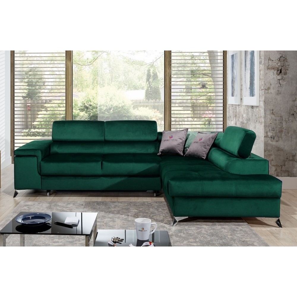 Canapé d'angle convertible - ERWAN - en velours luxe 5 places, vert, angle droit (vu de face) Canapé d'angle convertible - ERWAN - en velours luxe 5 places, vert, angle droit (vu de face)
