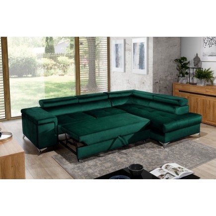 Canapé d'angle convertible - ERWAN - en velours luxe 5 places, vert, angle droit (vu de face)