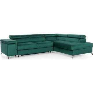 Canapé d'angle convertible - ERWAN - en velours luxe 5 places, vert, angle droit (vu de face)