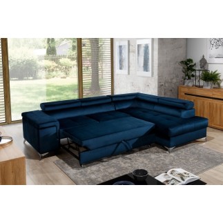 Canapé d'angle convertible - ERWAN - en velours luxe 5 places, bleu foncé, angle droit (vu de face)