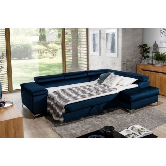 Canapé d'angle convertible - ERWAN - en velours luxe 5 places, bleu foncé, angle droit (vu de face)