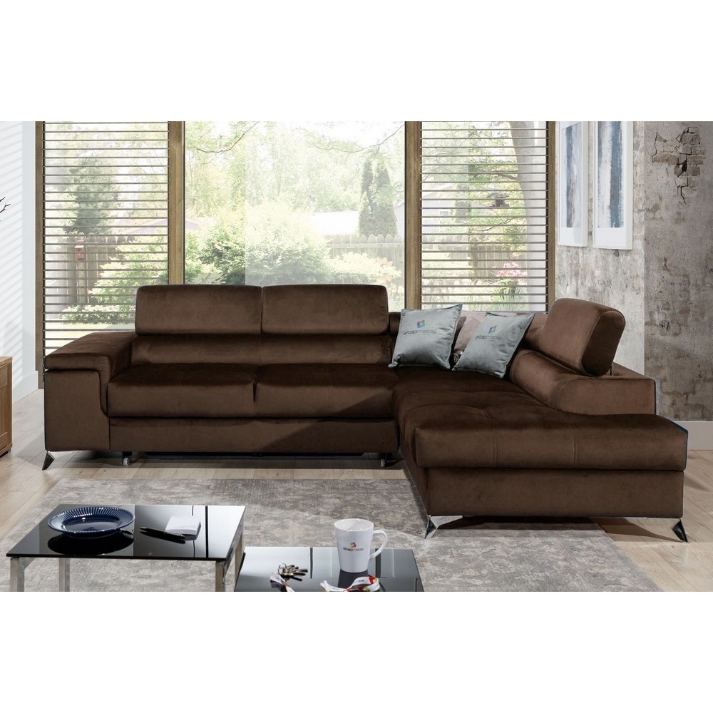 Canapé d'angle convertible - ERWAN - en velours luxe 5 places, chocolat, angle droit (vu de face) Canapé d'angle convertible - ERWAN - en velours luxe 5 places, chocolat, angle droit (vu de face)
