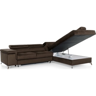 Canapé d'angle convertible - ERWAN - en velours luxe 5 places, chocolat, angle droit (vu de face)