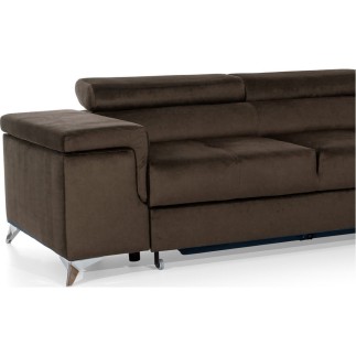 Canapé d'angle convertible - ERWAN - en velours luxe 5 places, chocolat, angle droit (vu de face)