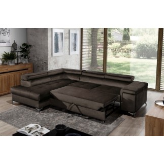 Canapé d'angle convertible - ERWAN - en velours luxe 5 places, chocolat, angle gauche (vu de face)
