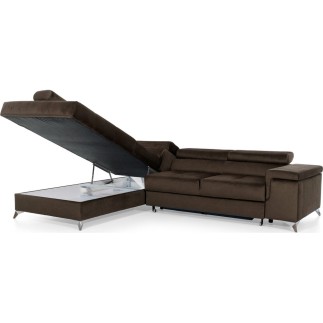 Canapé d'angle convertible - ERWAN - en velours luxe 5 places, chocolat, angle gauche (vu de face)