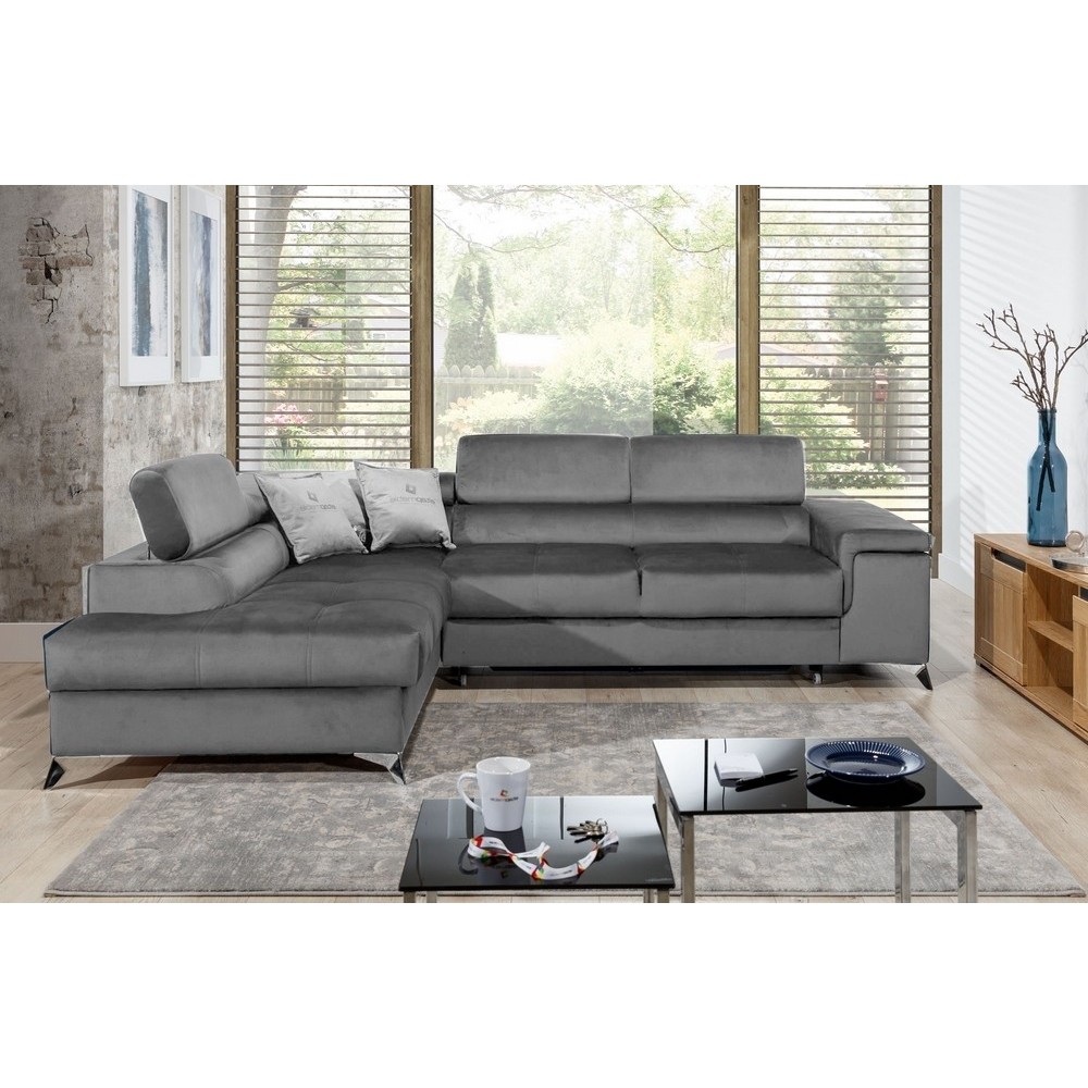 Canapé d'angle convertible - ERWAN - en velours luxe 5 places, gris, angle gauche (vu de face) Canapé d'angle convertible - ERWAN - en velours luxe 5 places, gris, angle gauche (vu de face)