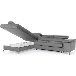 Canapé d'angle convertible - ERWAN - en velours luxe 5 places, gris, angle gauche (vu de face)