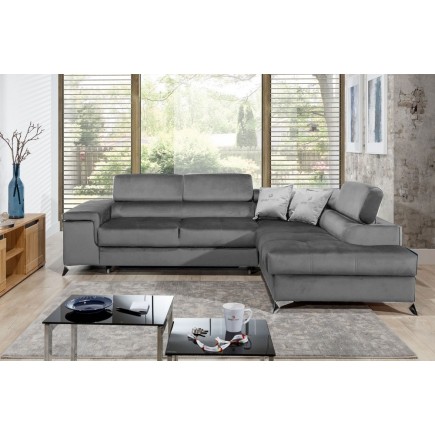 Canapé d'angle convertible - ERWAN - en velours luxe 5 places, gris, angle droit (vu de face)