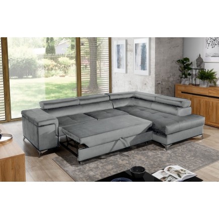 Canapé d'angle convertible - ERWAN - en velours luxe 5 places, gris, angle droit (vu de face)