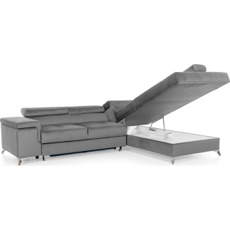 Canapé d'angle convertible - ERWAN - en velours luxe 5 places, gris, angle droit (vu de face)