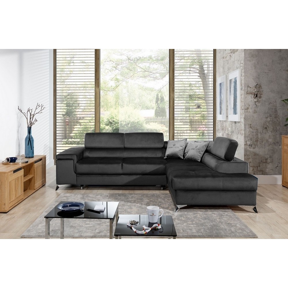 Canapé d'angle convertible - ERWAN - en velours luxe 5 places, anthracite, angle droit (vu de face) Canapé d'angle convertible - ERWAN - en velours luxe 5 places, anthracite, angle droit (vu de face)