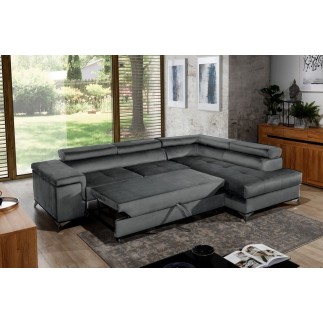 Canapé d'angle convertible - ERWAN - en velours luxe 5 places, anthracite, angle droit (vu de face)