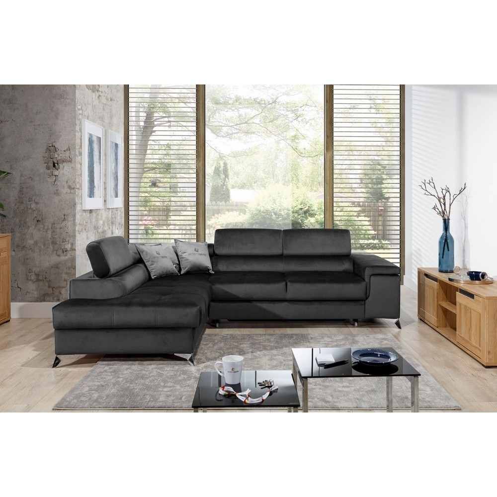 Canapé d'angle convertible - ERWAN - en velours luxe 5 places, anthracite, angle gauche (vu de face) Canapé d'angle convertible - ERWAN - en velours luxe 5 places, anthracite, angle gauche (vu de face)