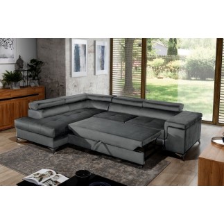 Canapé d'angle convertible - ERWAN - en velours luxe 5 places, anthracite, angle gauche (vu de face)