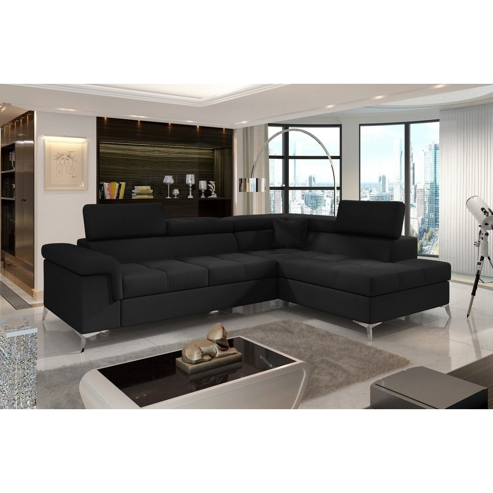 Canapé d'angle convertible - ERNEST - en tissu luxe 5 places, noir, angle droit (vu de face) Canapé d'angle convertible - ERNEST - en tissu luxe 5 places, noir, angle droit (vu de face)